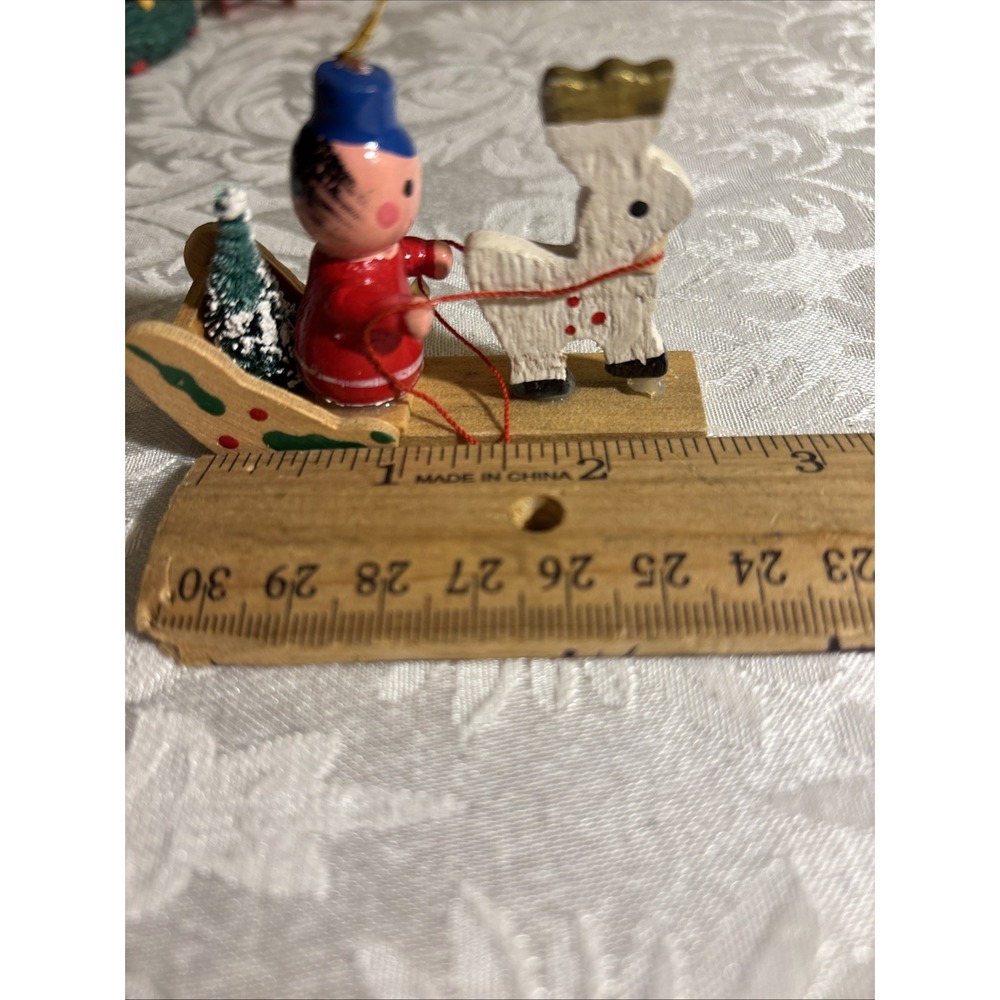 Vintage Mini Reindeer Sleigh with Elf Ornament Christmas Holiday Decor Hand Pain